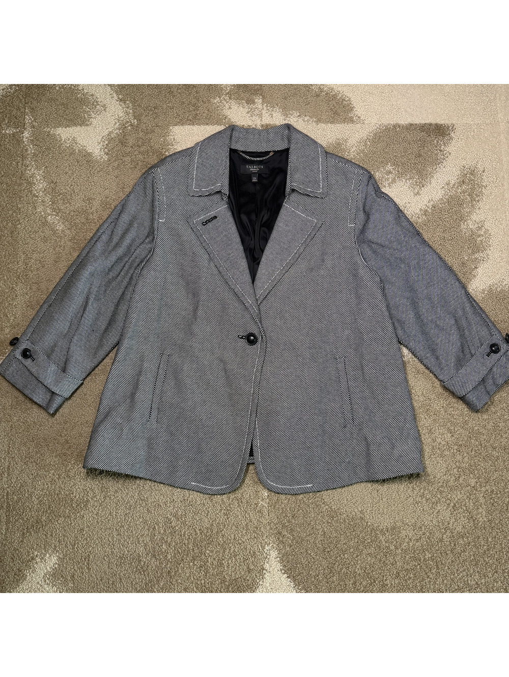 Talbots Houndstooth Blazer Jacket 14W Black White Textured Structured Peacoat